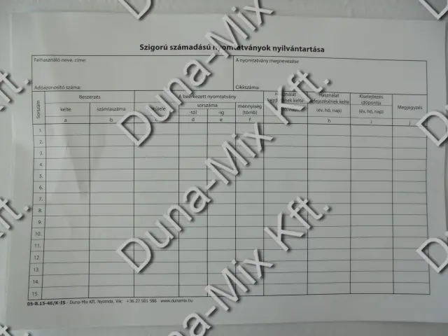 Szigorú számadású nyomtatványok nyilvántartó lapja